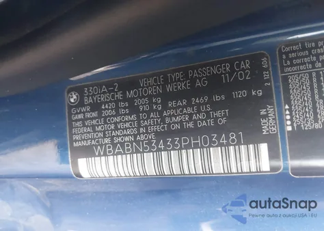 2003 BMW 330Ci из США, поврежденный, VIN WBABN53433PH03481